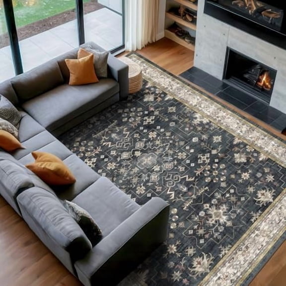 Black Boho Rug for Living Room 8x12 - Washable Dining Room Rugs for Under Table, Vintage Soft Low Pile Carpet for Bedroom, Non-Slip Farmhouse Bohemian Large Thin Carpet for High Traffic Area