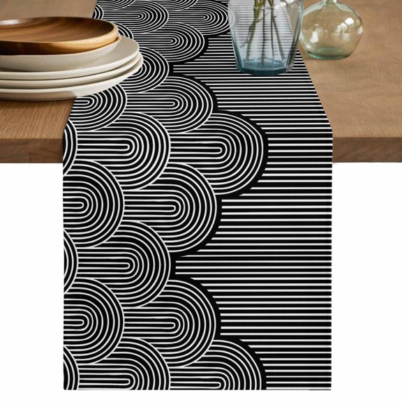 Black Boho Short Table Runner 36 Inches Long,Abstract Art Art Deco Modern Geometric Cotton Linen Table Runners Dresser Scarves,Fabric Tabletop Scarf Furniture Cover for Home Dinner Party 13"x36"