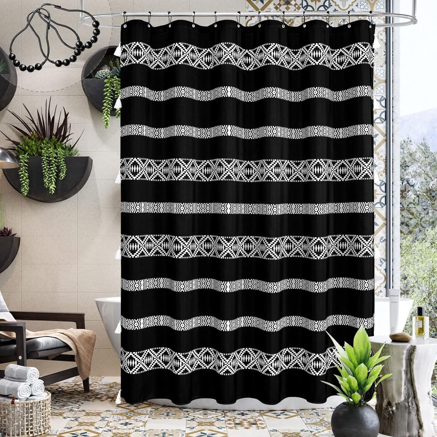 Black Boho Shower Curtain Set, Abstract Farmhouse Tassel Shower Curtain