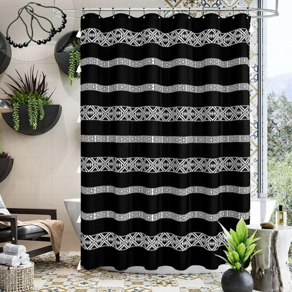 Black Boho Shower Curtain Set, Abstract Farmhouse Tassel Shower Curtain, Modern Geometric Fabric Standard Shower Curtain, Tribal Aesthetic Shower Curtain for Bathroom Decor, 72 x 72