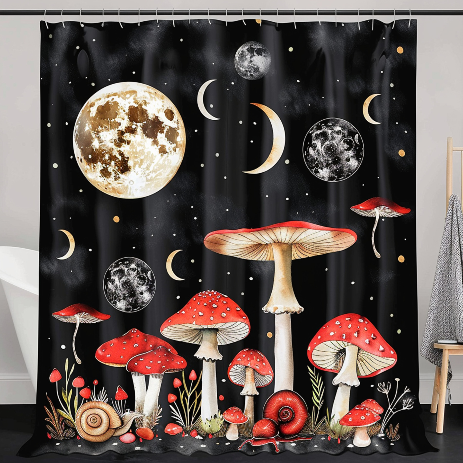 Black Boho Shower Curtain Set with Cute Mushroom and Snail Design Moon