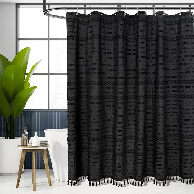 Black Boho Shower Curtain with Tassel Waterproof Shower Curtain Set