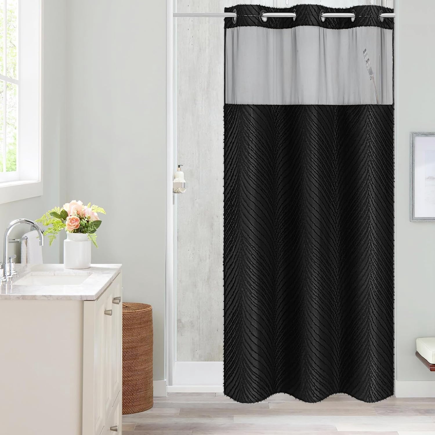 Black Boho Small Stall Shower Curtain 36 x 74, No Hook Half Size Narrow ...