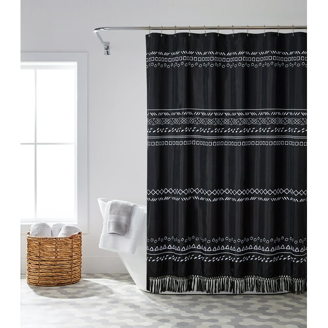 Black Boho Stall Shower Curtain with Tassel, Farmhouse Bathroom Curtain