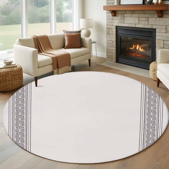 Black Boho Striped Large Round Rug 8 FT, Non Slip Living Room Area Carpet, Vintage Ethnic Tribe Rustic Geometric Washable Soft Circle Rug Non-Shedding Floor Carpet for Bedroom Office Dining Room
