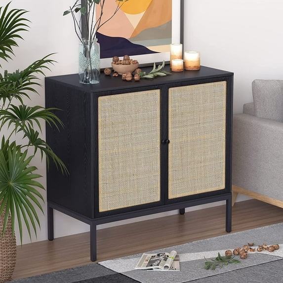 Black Boho-Style Sideboard with Handmade Natural Rattan Doors, Rattan Cabinet Console Table Storage Cabinet Buffet Cabinet, for Kitchen, Living Room, Hallway, Entryway