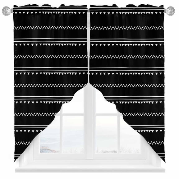 Black Boho Swag Valances for Windows 2 Pack Geometric Stripes Triangle Swag Kitchen Curtains 36 Inches Long Rod Pocket Short Window Treatment for Kitchen Bathroom 28"x36"