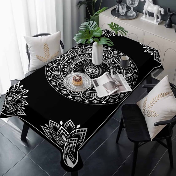 Black Boho Table Cloth Waterproof Tablecloths, Retro Farmhouse Neutral Abstract Geometric Tablecloth Dining Table Cover for Kitchen Party Tabletop Outdoor, Rectangle Tablecloth 60x120 Inch