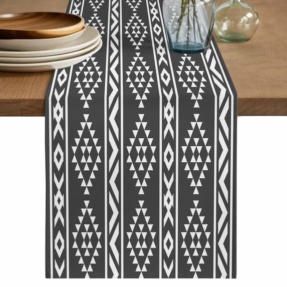 Black Boho Table Runner 72 Inches, Abstract Geometric Bohemia Ethnic Striped Bed Runner Dresser Scarves Tabletop for Indoor Outdoor Parties/Ceremony/Banquet, 13" x 72"