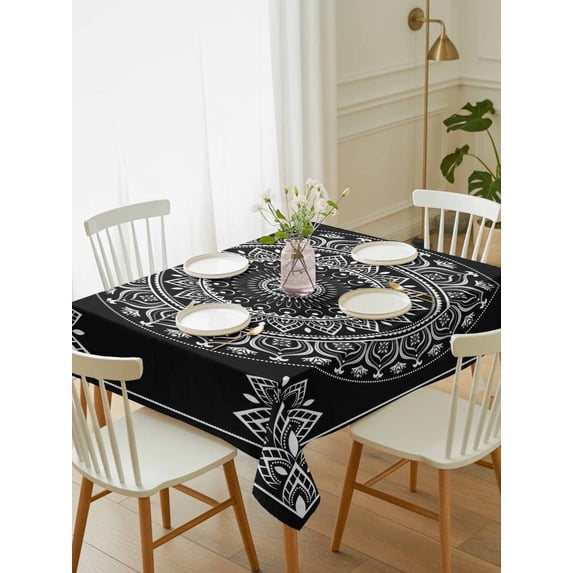 Black Boho Tablecloth Rectangle Table Cloth 60x84, Waterproof Tablecloth Outdoor Table Cloth, Retro Farmhouse Neutral Abstract Geometric Washable Table Cover for Kitchen Dinning Party