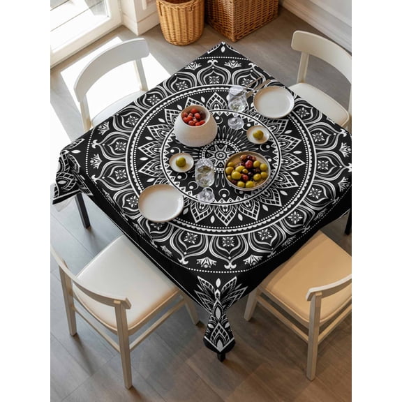 Black Boho Tablecloth Square Table Cloth 60x60, Waterproof Tablecloth Outdoor Table Cloth, Retro Farmhouse Neutral Abstract Geometric Washable Table Cover for Kitchen Dinning Party