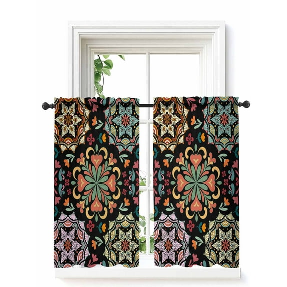 Black Boho Tier Curtains 45 Inch Length,Sheer Curtains for Bedroom Living Room Window Ethnic Country Colorful Abstract Floral Motifs Kitchen Curtains Small Half Window Drapes 27.5"x45" 2 Panels