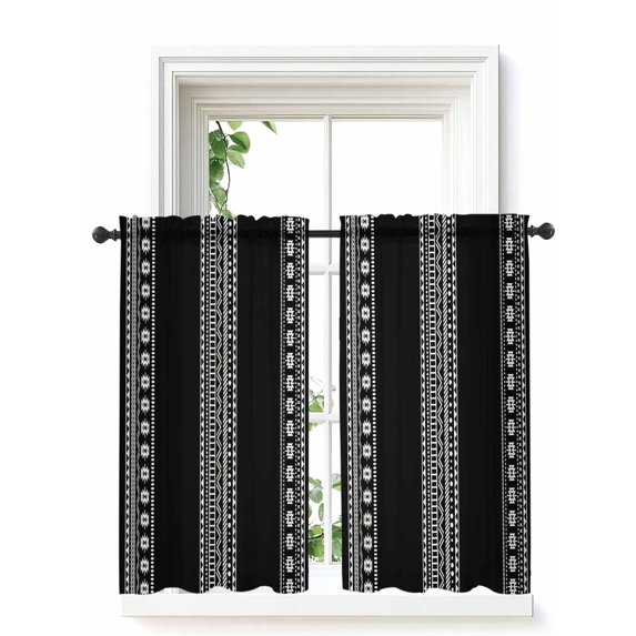 Black Boho Tier Curtains 45 Inch Length,Sheer Curtains for Bedroom Living Room Window Vintage Abstract Striped Geometric Motifs Rod Pocket Drapes Kitchen Curtains Small Half Window 27.5"x45" 2 Panels