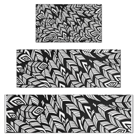 Black Boho Tribal Feathers Pattern Kitchen Rugs Sets Of 3,Kitchen Runner Rugs Non Skid Washable,Decorative Kitchen Floor Mats for Kitchen,Sink,Laundry,17"x30"+ 17"x47" + 17"x59"
