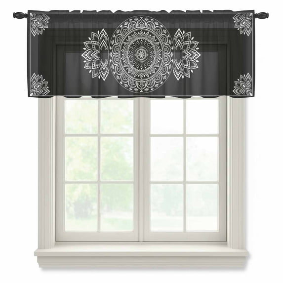 Black Boho Valance Curtains for Kitchen/Living Room/Bathroom/Bedroom Window, Rod Pocket Small Topper Half Short Window Curtains Voile Sheer Scarf, Retro Farmhouse Neutral Abstract Geometric 60"x18"