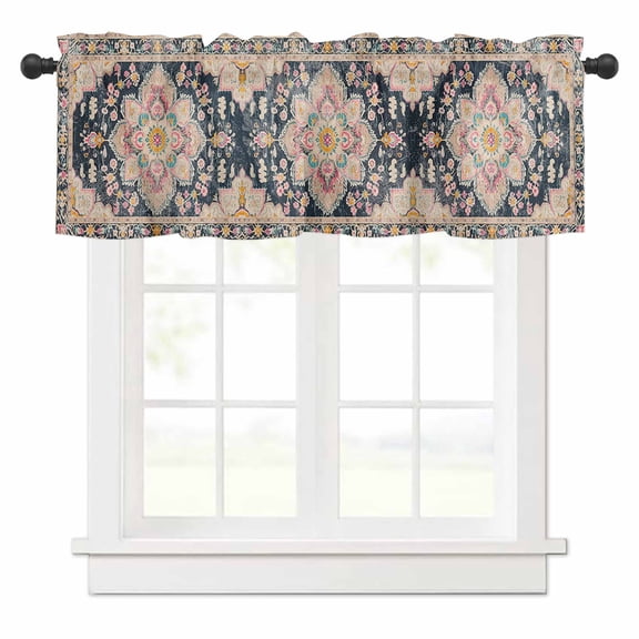 Black Boho Valances for Windows Oriental Medallion Retro Distressed Bohemian Rod Pocket Curtain Valance Window Treatment Short Curtains for Kitchen Living Room, 42"x12"