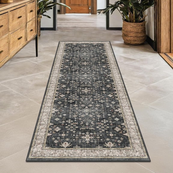 Black Boho Washable 2x6 Runner Rugs for Hallway Kitchen Bedroom Beside Laundry Room Bathroom Rug, Pet & Child Friendly, Non-Slip Low Pile Stain Resistant Soft Foldable Long 24 x 72 Floor Carpet