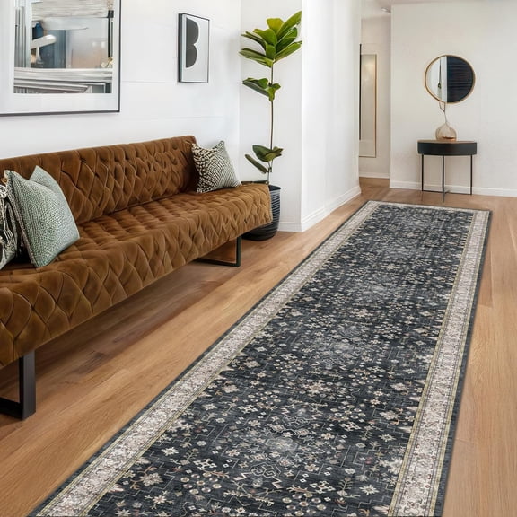 Black Boho Washable 3 Foot by 12 Foot Runner Rug Waterproof Non-Slip Stain and Fade Resistant Vintage Floral Design