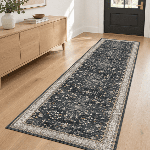 Black Boho Washable 3x12 Extra Long Runner Rug For Hallway Waterproof ...