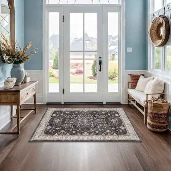 Black Boho Washable Entry Rug, 3x4 Rugs for Entryway Kitchen Bathroom Door Mat Indoor Entrance, Non Slip Rubber Backing, Stain & Fade Resistant, Ashen Charcoal Floral Design
