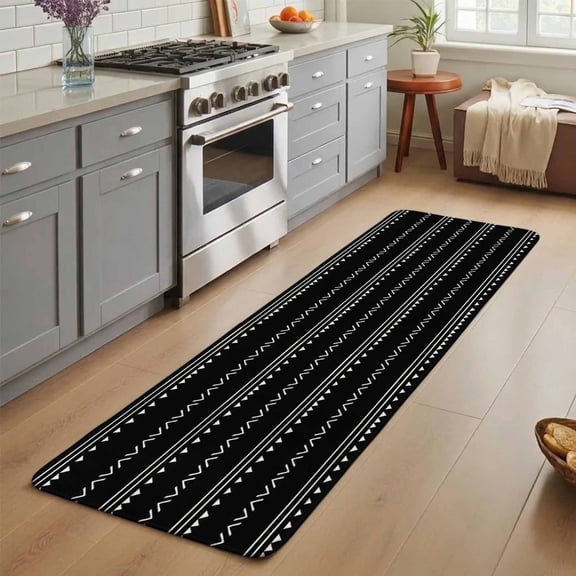 Black Boho Washable Runner Rug 2X5 ft Geometric Stripes Triangle Non-Slip Hallway Runner Rug, Linen Kitchen Runner Mats, Indoor Floor Carpet for Entryway Bathroom Bedroom Living Room