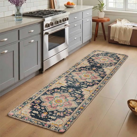 Black Boho Washable Runner Rug 2X5 ft Oriental Medallion Retro Distressed Bohemian Non-Slip Hallway Runner Rug, Linen Kitchen Runner Mats, Indoor Floor Carpet for Entryway Bathroom Bedroom