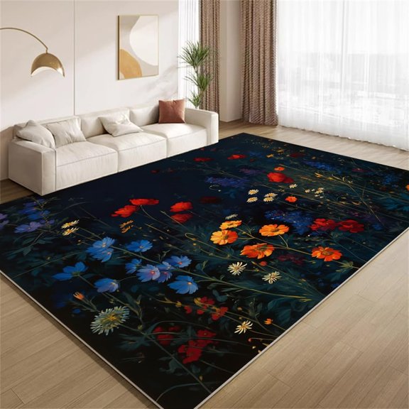 Black Boho Wildflower Botanical Area Rugs, Floral Carpet, Washable Non Slip Low Pile Soft Rug for Living Room Bedroom Entryway Decor Mat 2ftx3ft