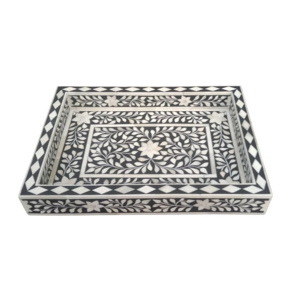 Black Bone Inlay Tray – Ivory Floral & Leaf Design, Floral Vine Inner Border, Diamond Check Outer Border, Ideal for Serving or Display