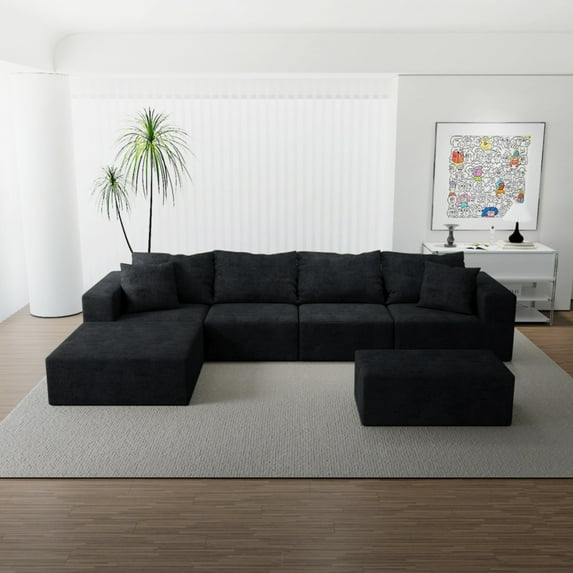 Black Boneless Couch, Sectional Couches for Living Room, Modern Modular Sofa, 4-Seater with 2 Ottomans and Oversized Chaise