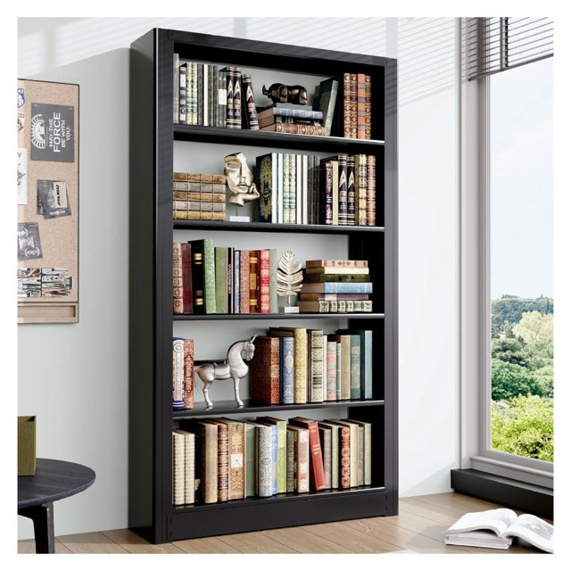 Black Bookcase, 69'' Tall 5 Tier Bookshelf, Metal Bookshelves and