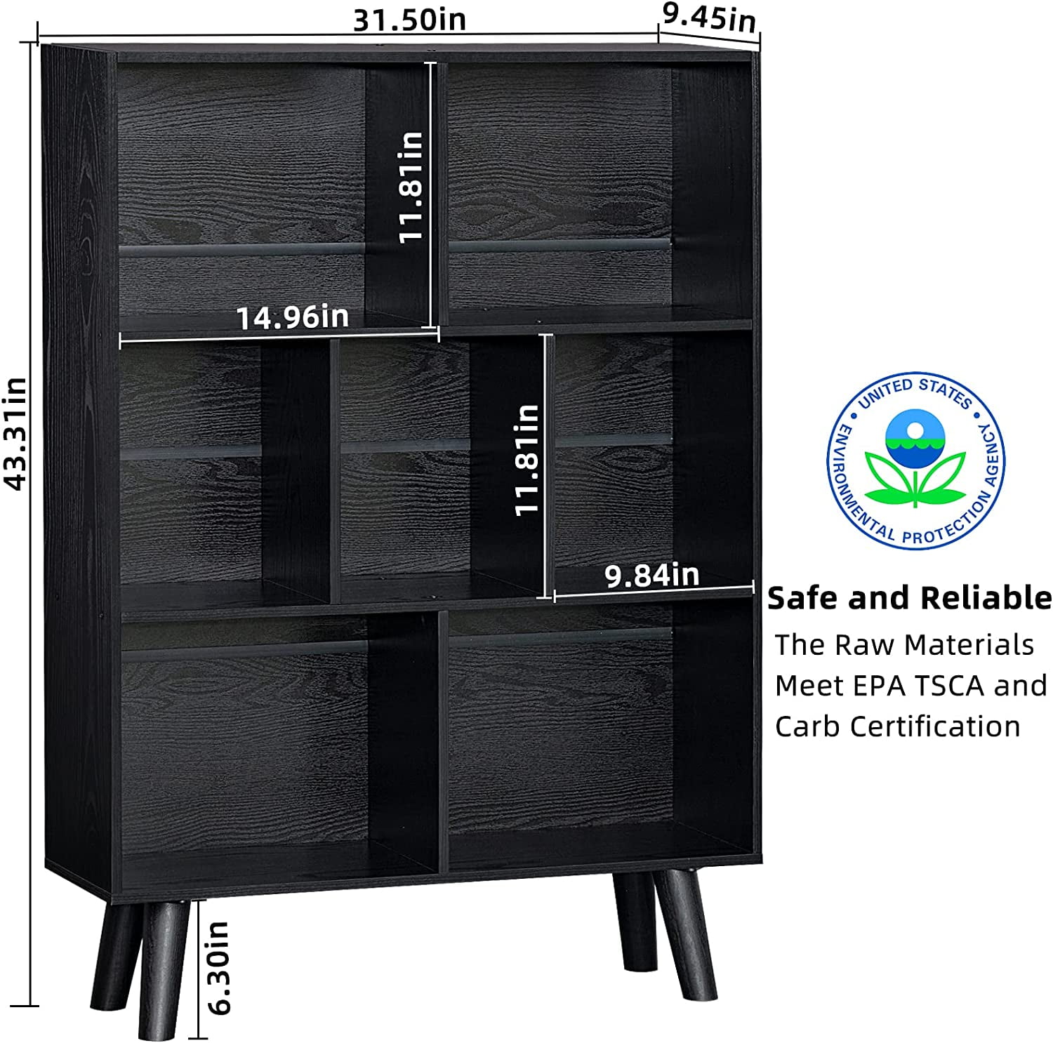 Black Bookshelf,3 Tier Modern Bookcase with Legs,Bookshelves Wood