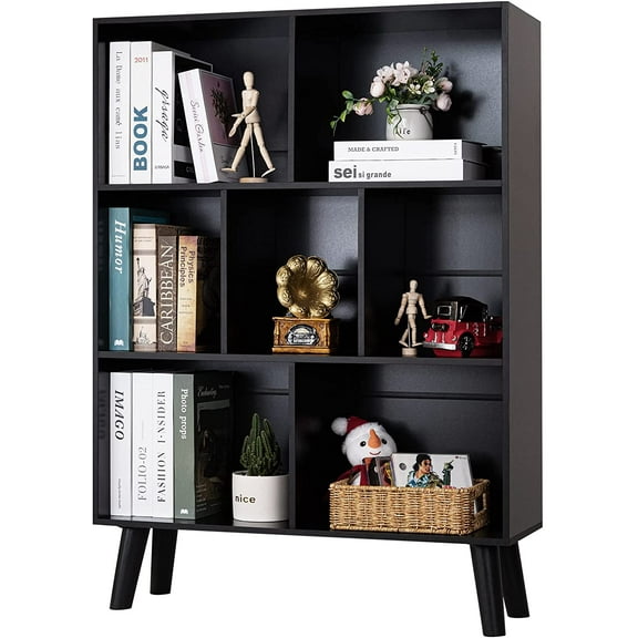 Black Bookshelf,3 Tier Modern Bookcase with Legs,Bookshelves Wood Storage Shelf, Open Book Shelves Cube Organizer,Freestanding Short Bookcases