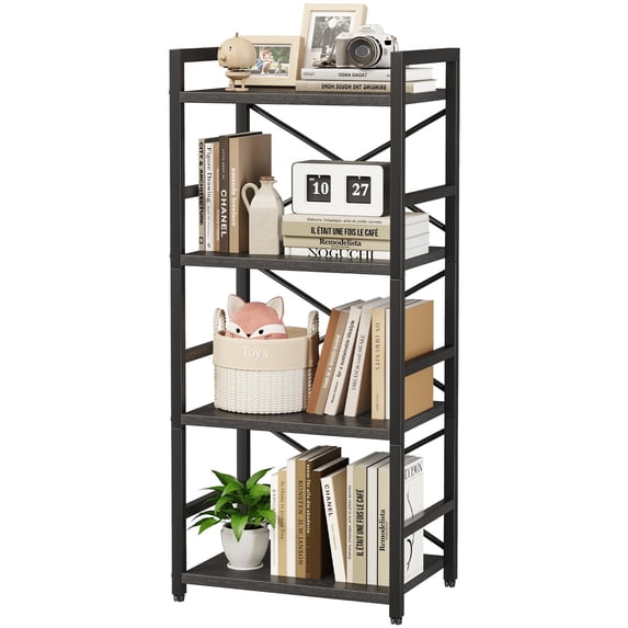 View of Black Bookshelf 4 Tier Small Bookcase Metal Book Shelf Organization And ...