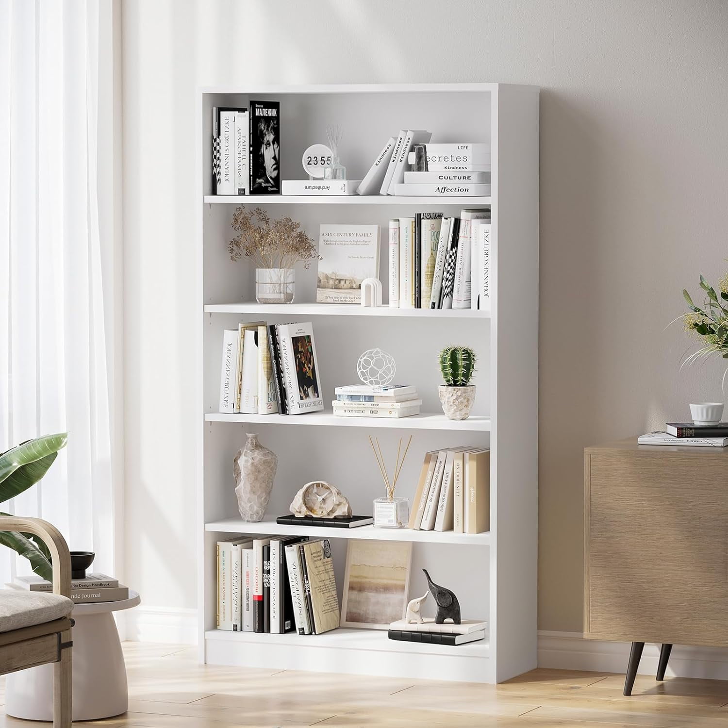 Black Bookshelf, Bookcase with Adjustable Shelves, 5 Shelf Bookcase ...