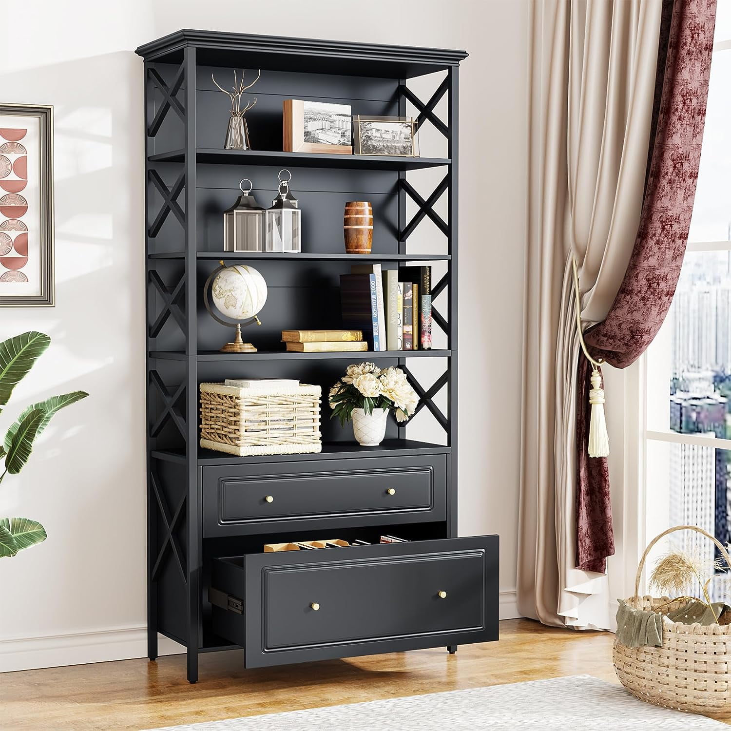 Black Bookshelf with 2 Drawers Tall Narrow Bookshelf Industrial 5