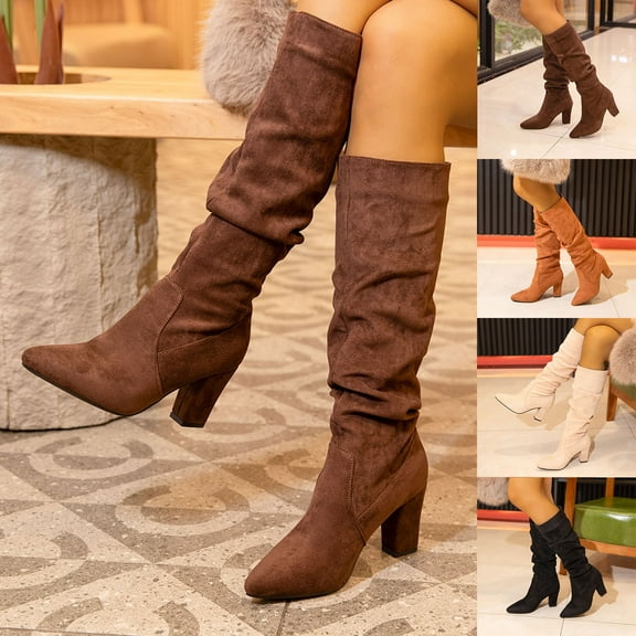 Black Booties TKYCMSUAKI Knee High Boots Chunky Heel Wide Calf Knee High Boots for Women Pointed Toe Slouchy Wide Width Booties Tall Block Heel Fashion Dress Womens Shoes