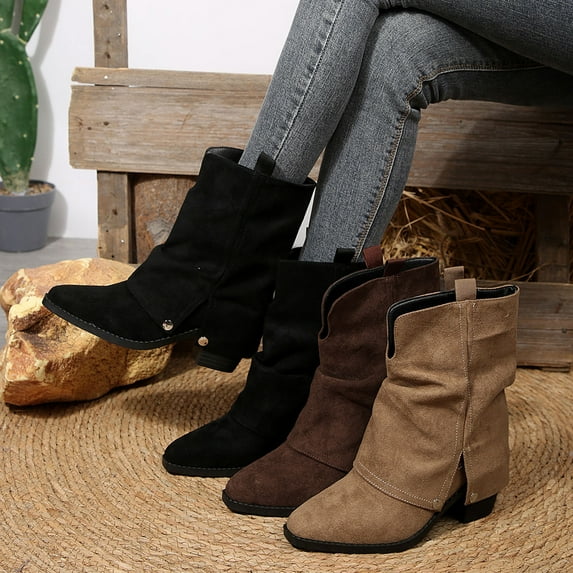Black Booties TKYCMSUAKI Women Mid-Calf Boots Chunky Heel Fold Over Riding Boots Western Mid Calf Pointed Toe Fashion Cowgirl Boots Pull On Boots