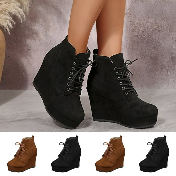 Black Booties TKYCMSUAKI Women's Ankle Boots Wedge Platform Bootie Round Toe Lace up Wedge Heels Boots Warm Boots for Party Evening Shoes