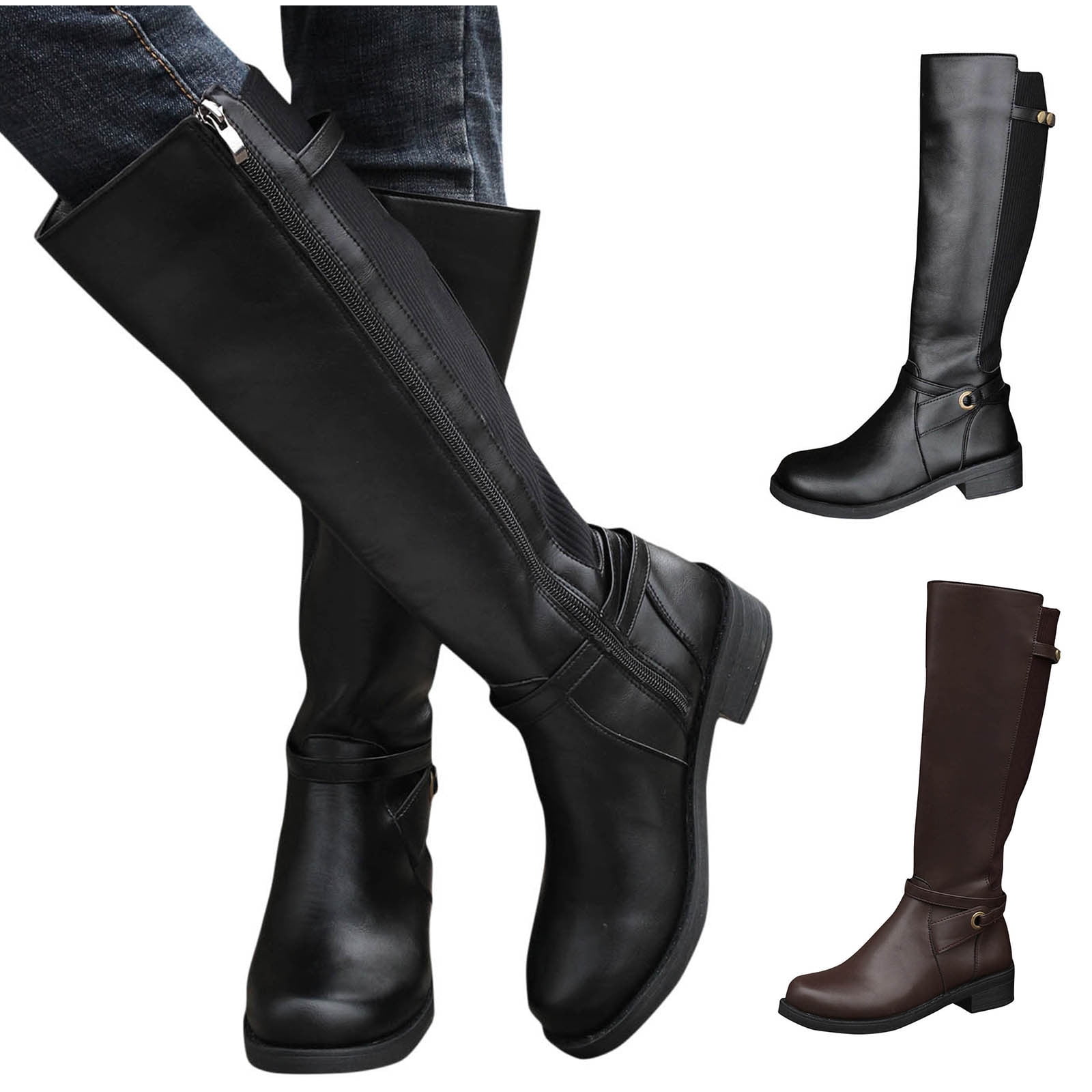 Women's Knee High Boots With Chunky Heel – Faux Suede Or PU, Square Toe, Side Zipper, 3.26-Inch Block Heel