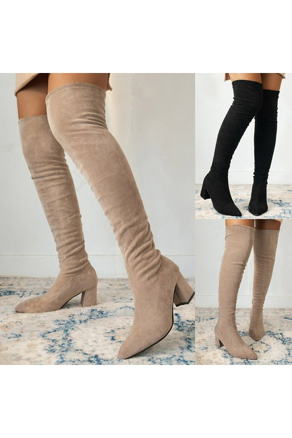 Black Booties TKYCMSUAKI Women's Over The Knee Thigh High Chunky Heel Boots Long Stretch Suede Boots Pointed Toe Fashion Pull On Tall Boot for Girls Ladies Fall Winter