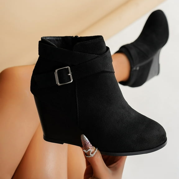 Black Booties TKYCMSUAKI Women's Wedge Ankle Boots Fall Low Heel Short Booties Classic V Cut Wedge Booties Fashion Zip-up Closed Toe Stacked Heel Faux Suede Winter Boots
