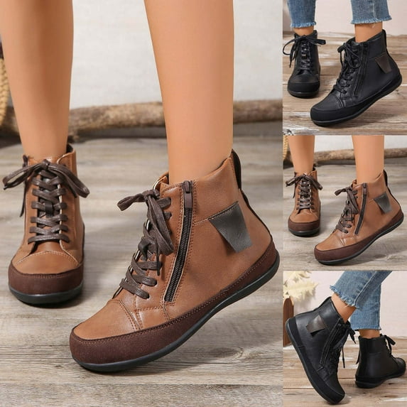Black Booties TKYCMSUAKI Women's Wide Width Ankle Boots - Black Brown Short Boots Lace Up Low Heel Side Zipper Booties.