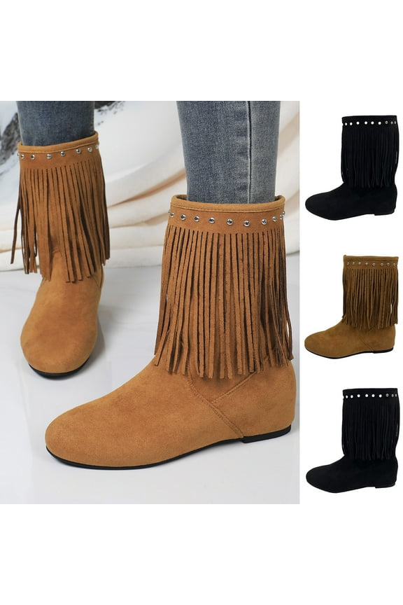 Black Booties TKYCMSUAKI Women's Wide Width Ankle Boots - Fringe Western Short Boots Block Low Heel Side Zipper Slouchy Mid Calf Booties