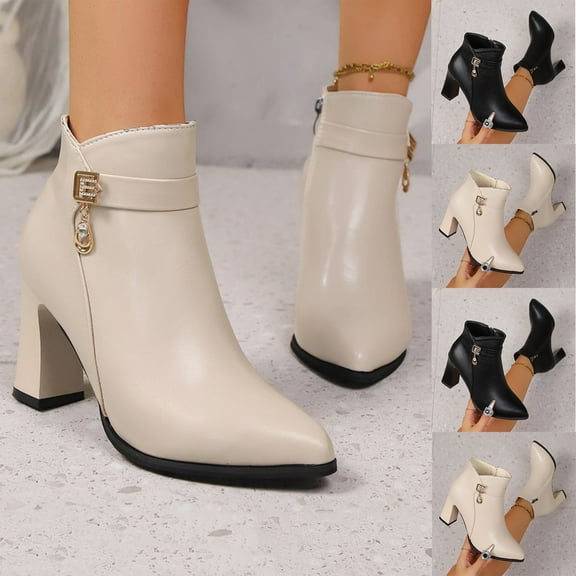 Black Booties TKYCMSUAKI Womens Ankle Boots Chunky Stacked Heel Zipper Booties Boots Cowgirl Ankle Boots Western Pointed Toe Short Boots for Women,Girl,Party
