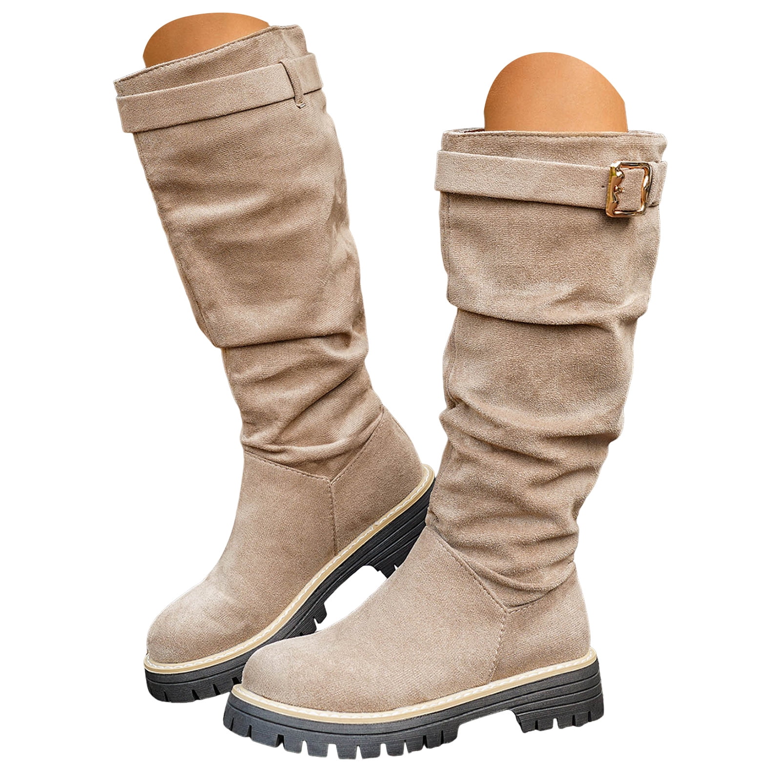 Black Boots Knee High Suede Fall Boots Chunky Platform Heel Tall Boots ...