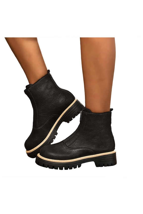 Black Boots for Women Front Zipper Chunky Lug Sole Round Toe Brown Chelsea Booties Vintage Fall Boots