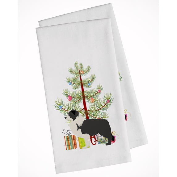 Black Border Collie Merry Christmas Tree White Kitchen Towel Set of 2 Dish Towels
