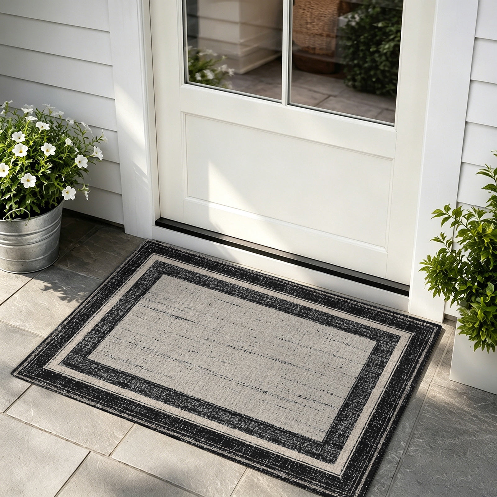 Black Border Lines Door Mat Indoor/Outdoor Entrance, Non Slip Welcome ...