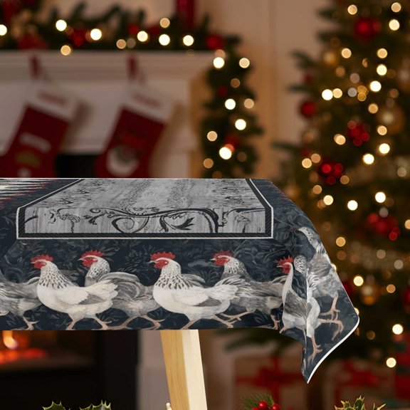 Black Border White Rooster Rectangle Tablecloth, Thanksgiving Summer Solstice Cover, Fashion Cloth for Farmhouse Indoor Outdoor Gatherings