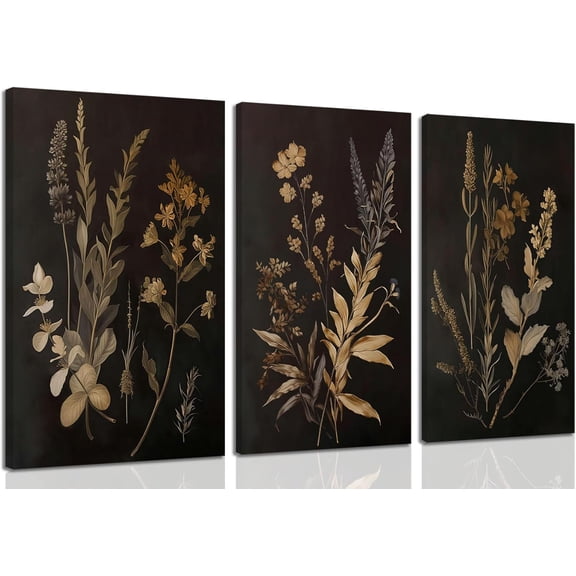Black Botanical Canvas Wall Art Set of 3 Vintage Floral Art Moody Flower Wall Decor Dark Academia Poster Painting Prints Pictures for Bedroom Living Room 12x16 Inch Framed